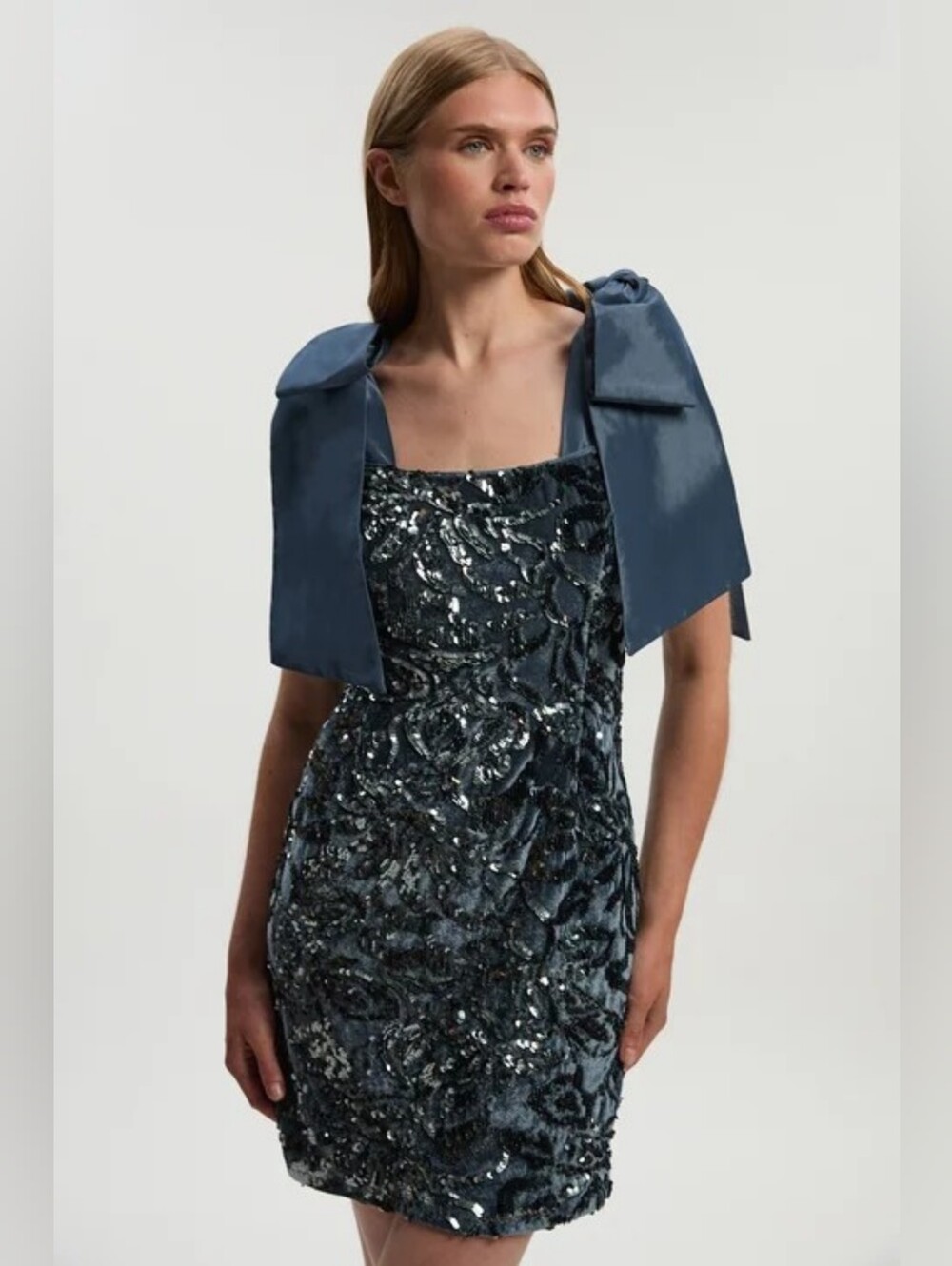 Karen Millen Blue Sequin Velvet Statement Shoulder Taffeta Bow Mini Dress Size 8